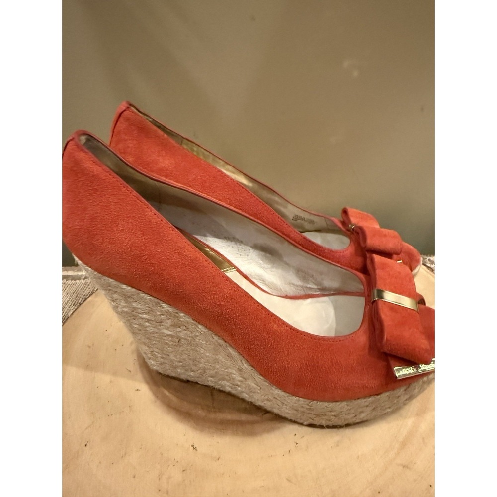 Michael Kors Bow Wedges Orange Slip On Espadrille Heels Size 8.5M Peep Toe Shoes - Picture 3 of 10